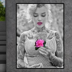 Marilyn Monroe B&W Tattooed Poster Pink Flower 12×18 Framed and Matted wall art